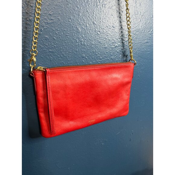 Fossil Red Leather Crossbody Bag With Chain Strap - Picture 9 of 10